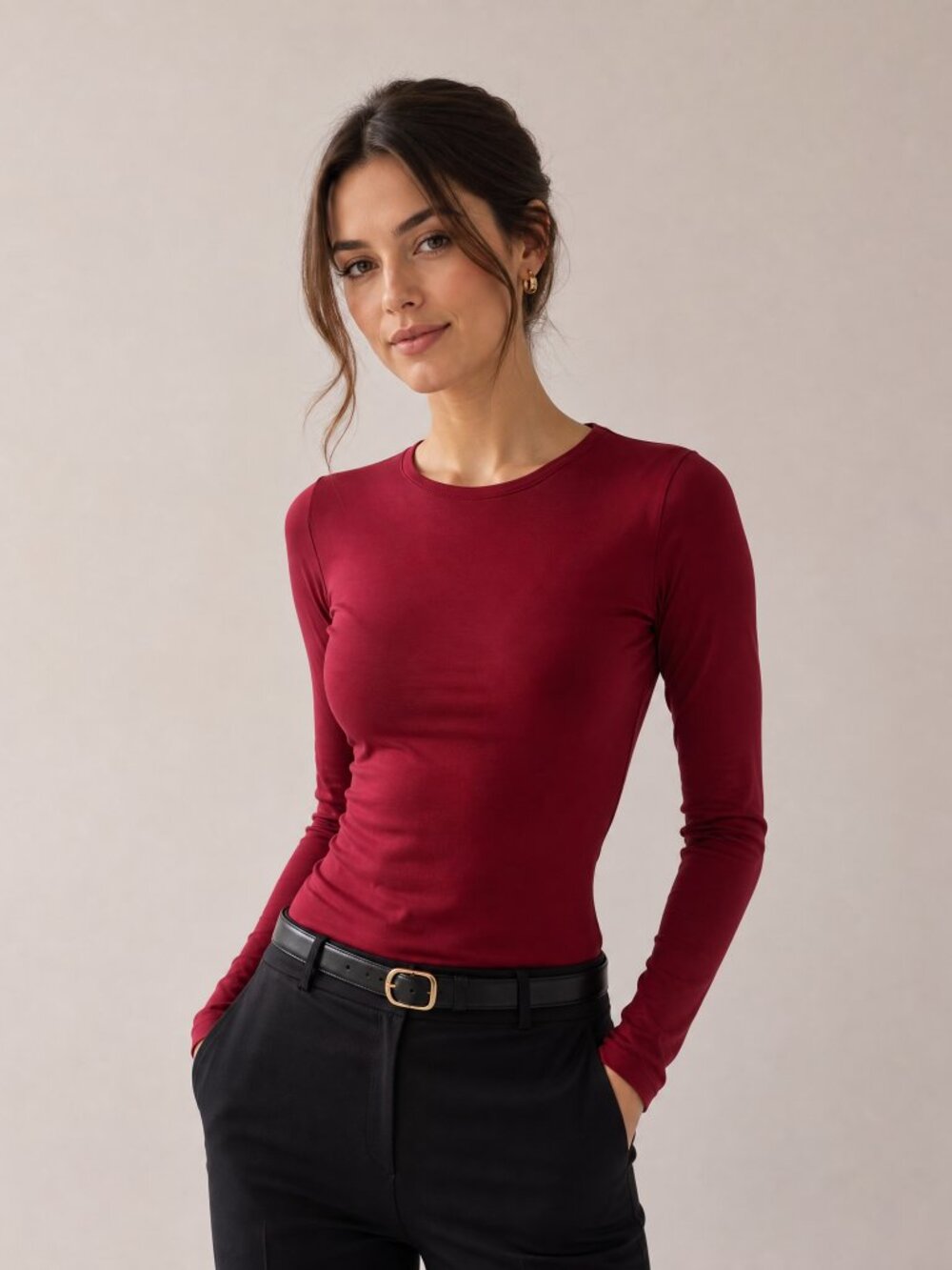 EMMERSON LANG Burgundy Wine Sleek Stretchy Long Sleeve Shirt Minimalist